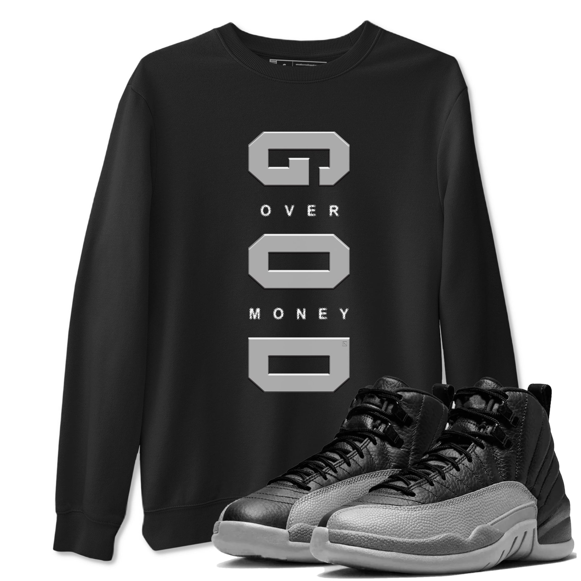 Air Jordan 12 Black And Wolf Grey t shirts to match sneakers God Over Money sneaker match tees 12s Black Wolf Grey tee SNRT Sneaker Tees unisex cotton Black 1 shirts