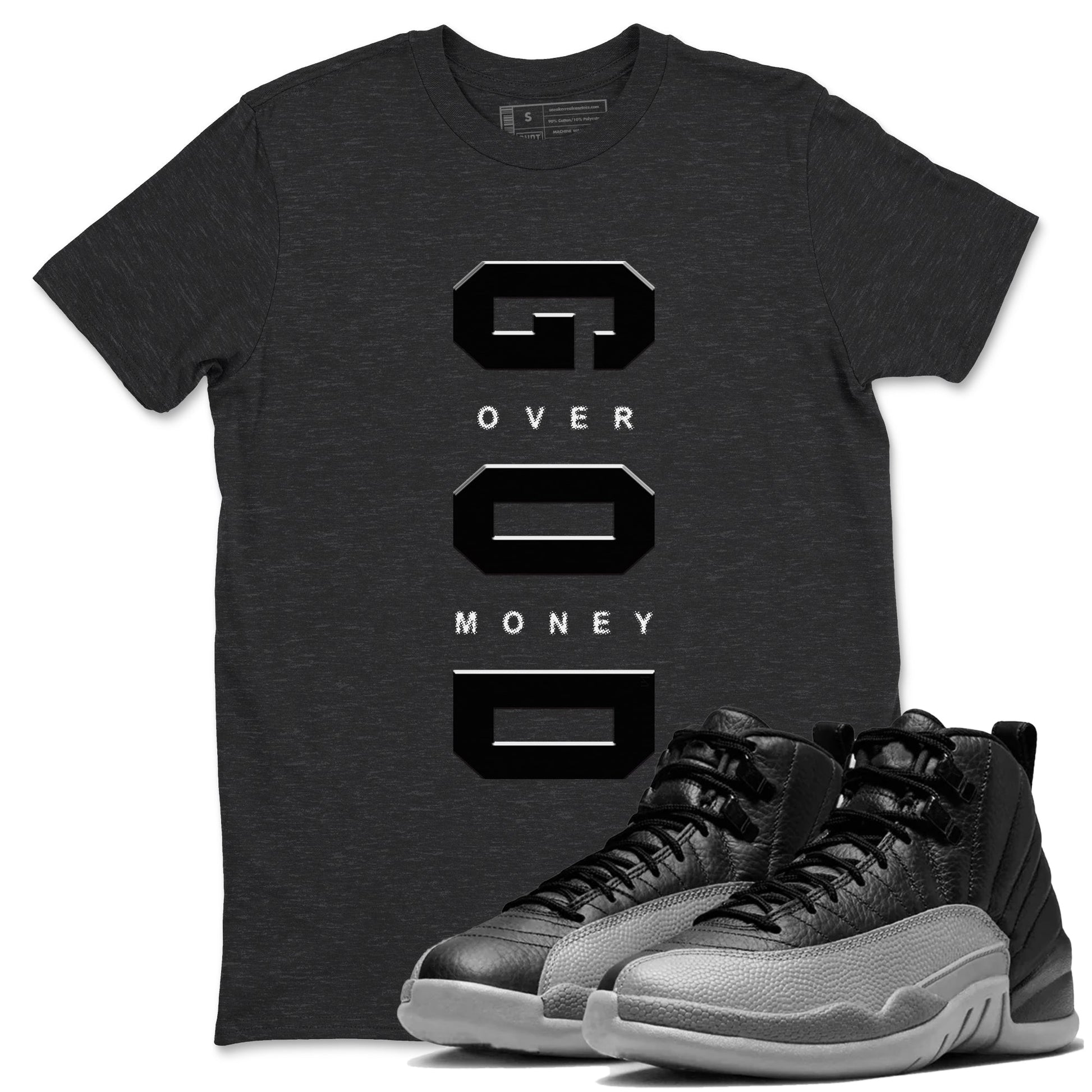 Air Jordan 12 Black And Wolf Grey t shirts to match sneakers God Over Money sneaker match tees 12s Black Wolf Grey tee SNRT Sneaker Tees unisex cotton Charcoal Heather 1 shirts