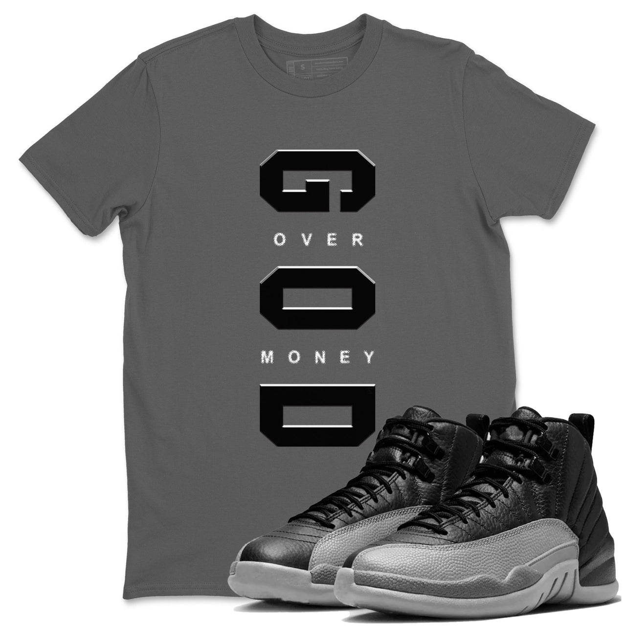 Air Jordan 12 Black And Wolf Grey t shirts to match sneakers God Over Money sneaker match tees 12s Black Wolf Grey tee SNRT Sneaker Tees unisex cotton Cool Grey 1 shirts