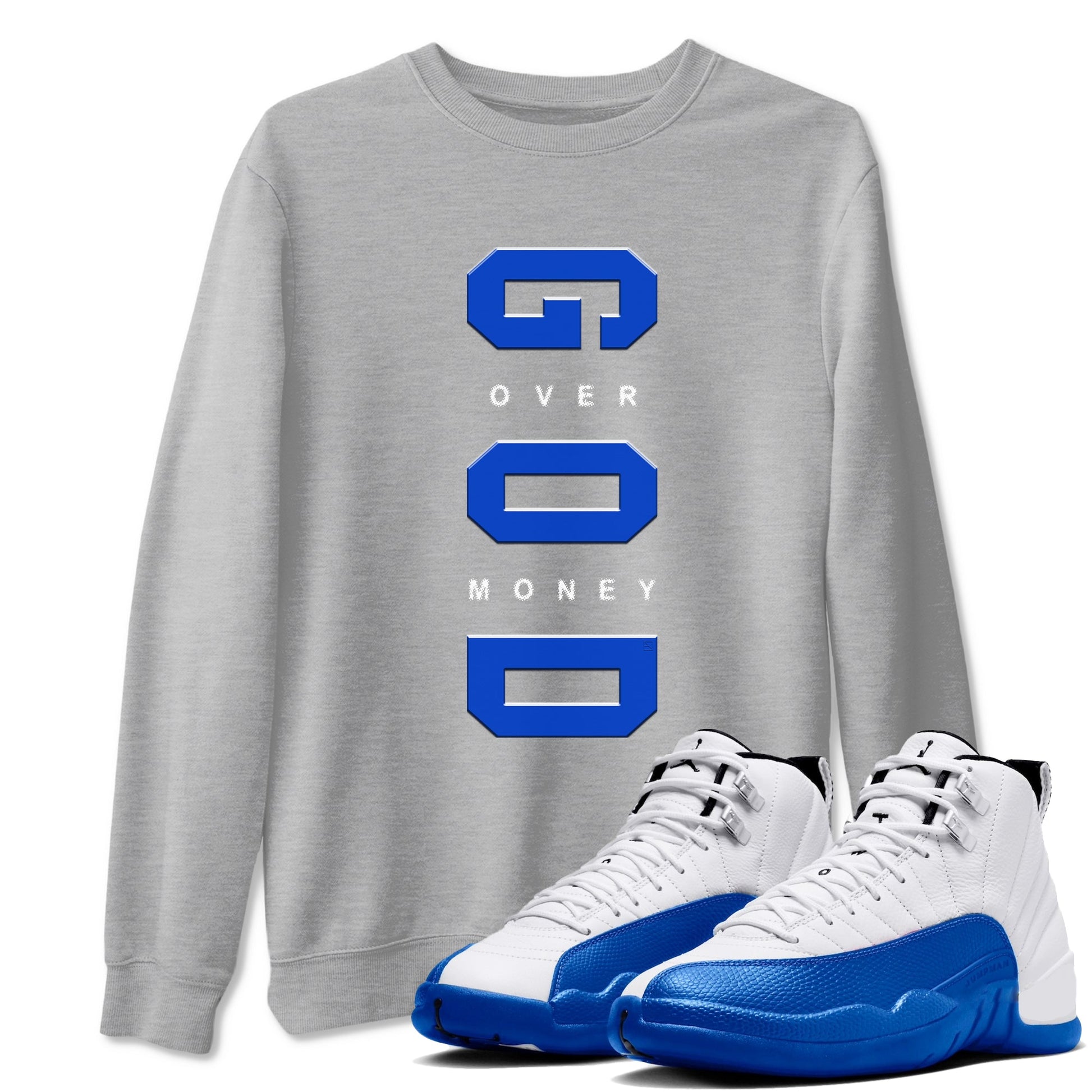 12s Blueberry shirts to match jordans God Over Money sneaker match tees AJ12 Retro Blueberry match shoes to clothes SNRT Sneaker Tees unisex cotton Heather Grey 1 shirts