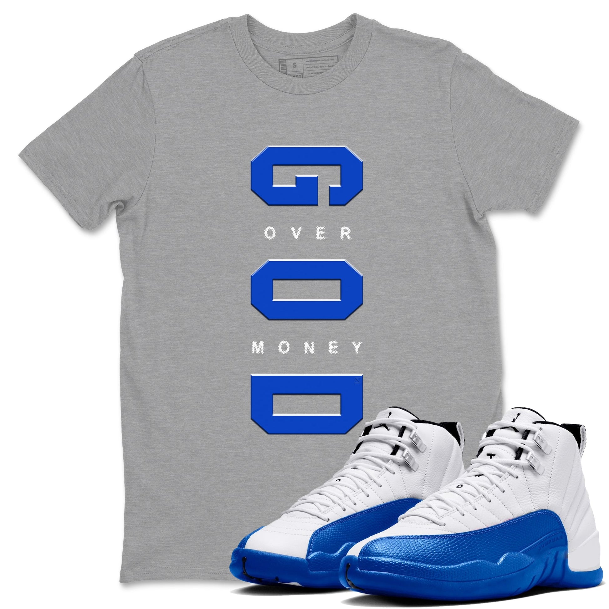 12s Blueberry shirts to match jordans God Over Money sneaker match tees AJ12 Retro Blueberry match shoes to clothes SNRT Sneaker Tees unisex cotton Heather Grey 1 shirts