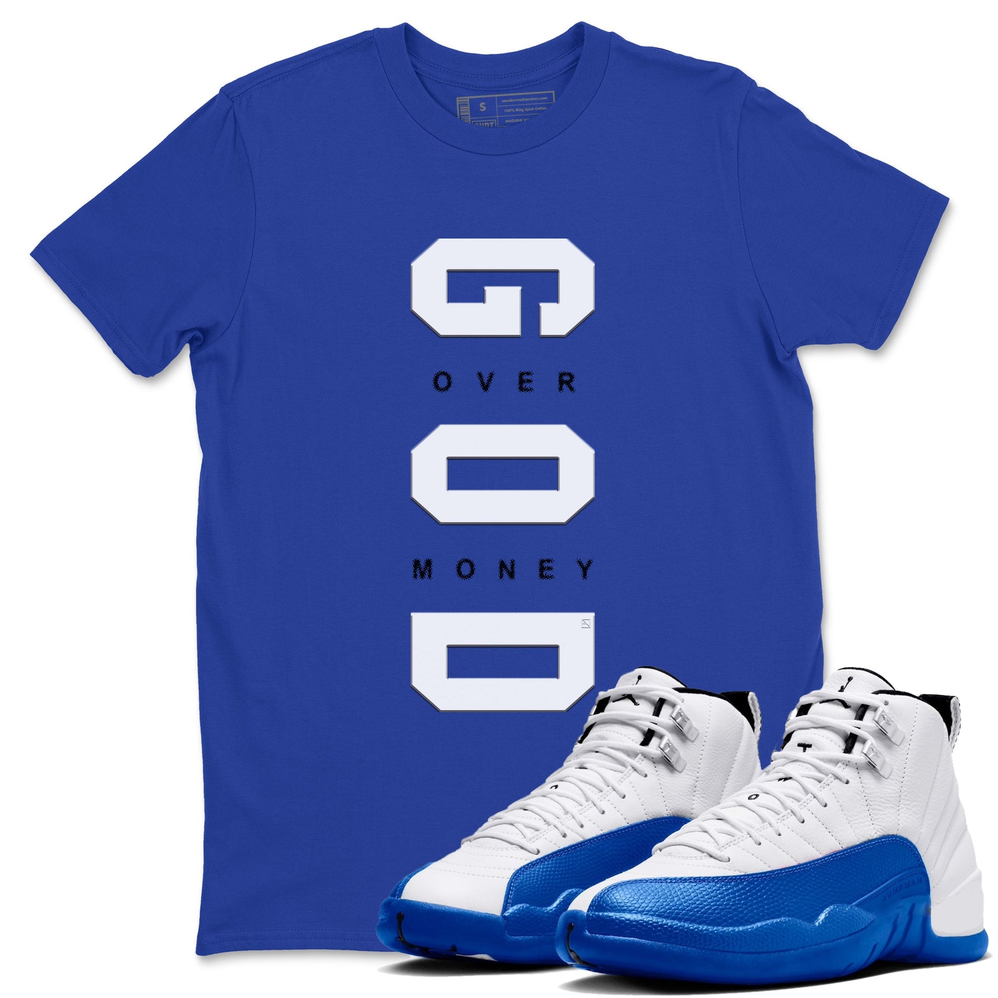 12s Blueberry shirts to match jordans God Over Money sneaker match tees AJ12 Retro Blueberry match shoes to clothes SNRT Sneaker Tees unisex cotton Royal Blue 1 shirts