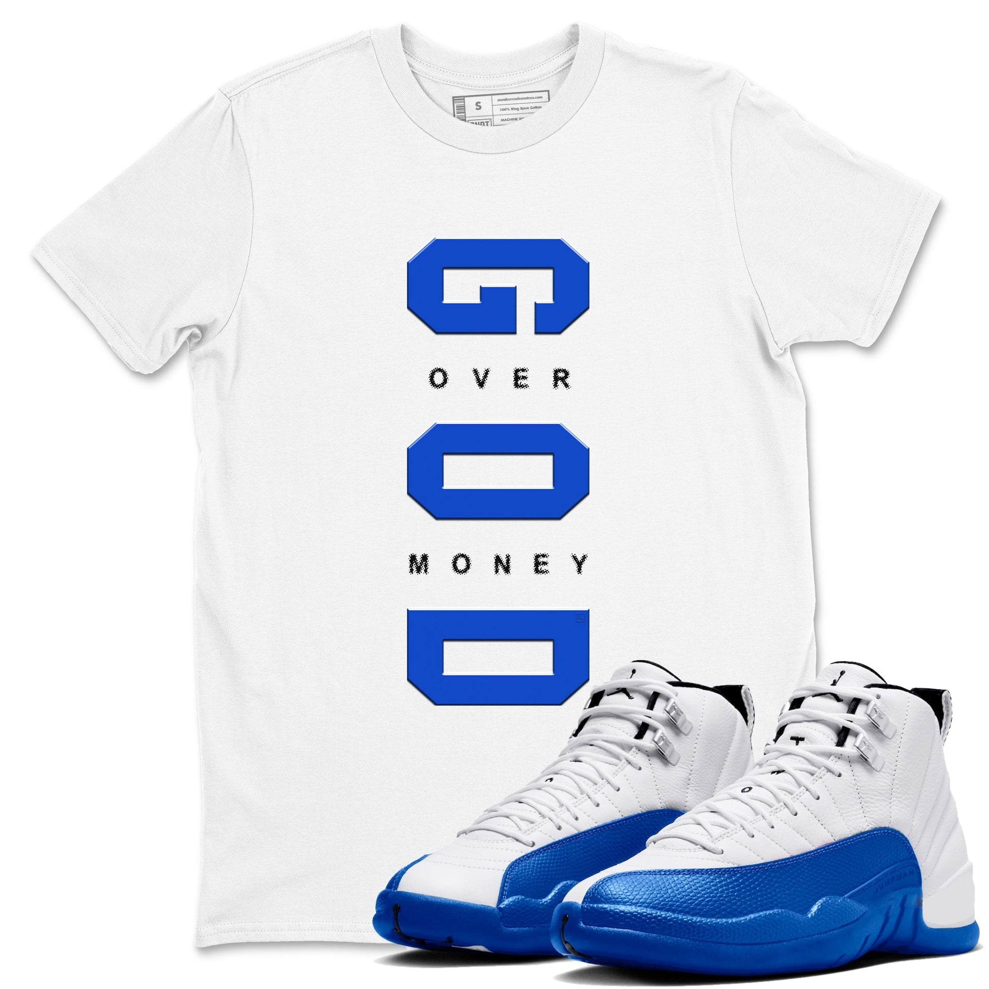 12s Blueberry shirts to match jordans God Over Money sneaker match tees AJ12 Retro Blueberry match shoes to clothes SNRT Sneaker Tees unisex cotton White 1 shirts