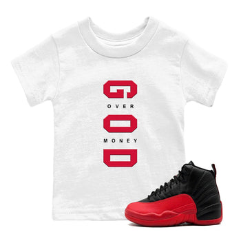 12s Flu Game shirts to match jordans God Over Money sneaker match tees Air Jordan 12 Retro Flu Game match shoes to clothes SNRT Sneaker Tees Youth Baby White 1 tee