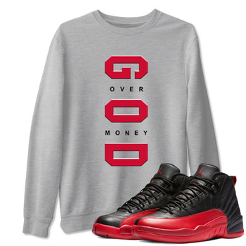 12s Flu Game shirts to match jordans God Over Money sneaker match tees Air Jordan 12 Retro Flu Game match shoes to clothes SNRT Sneaker Tees unisex cotton Heather Grey 1 shirts