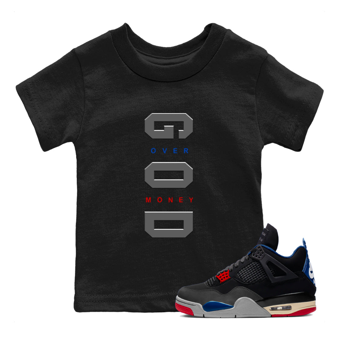 God Over Money baby and kids t-shirt crafted for little sneakerheads to shine with the Air Jordan 4 Rare Air sneakers, displayed in Black 1.