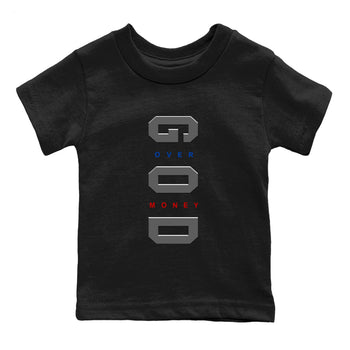 God Over Money baby and kids t-shirt crafted for little sneakerheads to shine with the Air Jordan 4 Rare Air sneakers, displayed in Black 2.