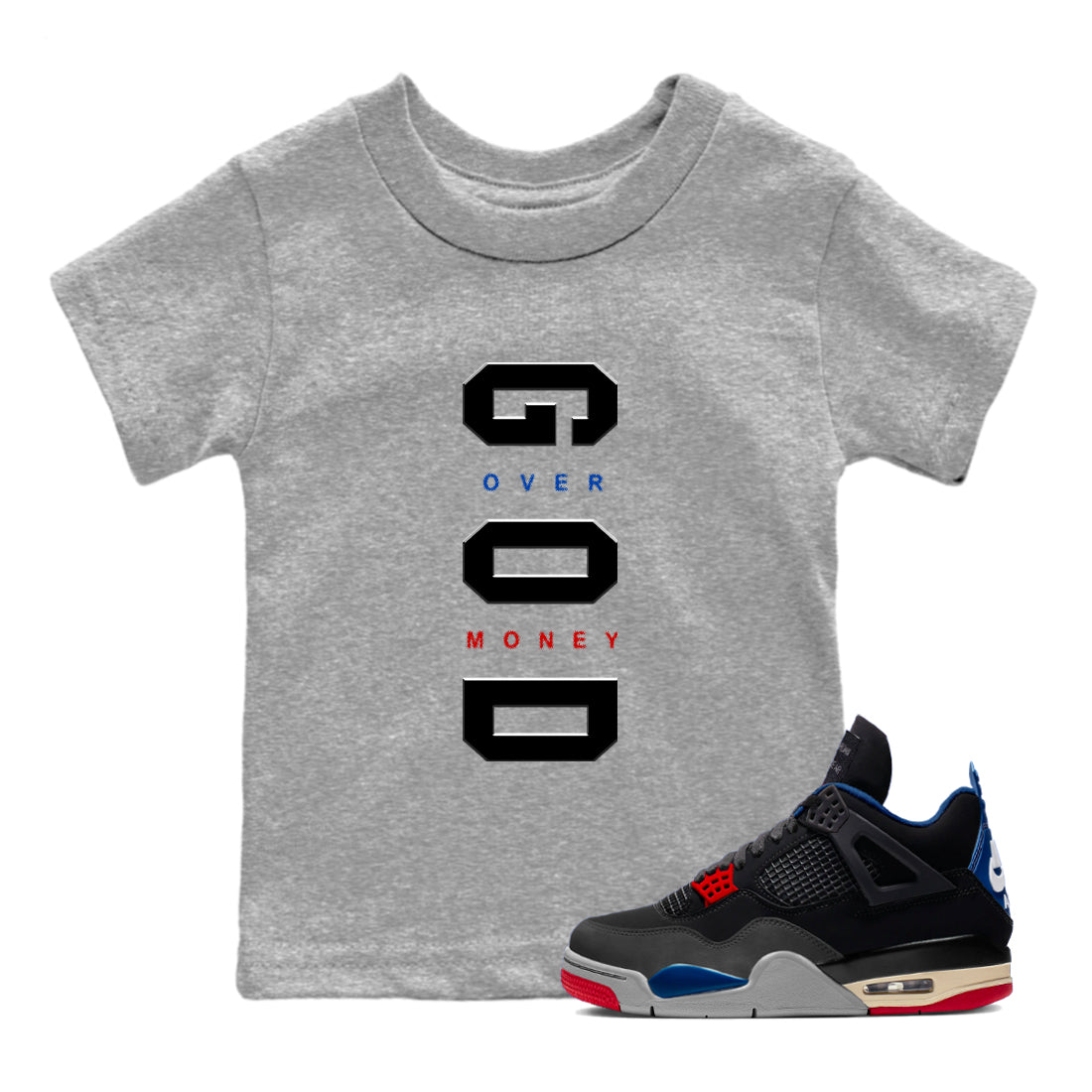 God Over Money baby and kids t-shirt crafted for little sneakerheads to shine with the Air Jordan 4 Rare Air sneakers, displayed in Heather Grey 1.