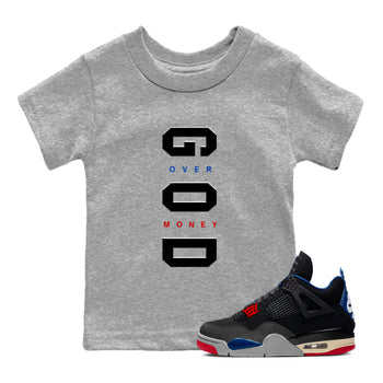 God Over Money baby and kids t-shirt crafted for little sneakerheads to shine with the Air Jordan 4 Rare Air sneakers, displayed in Heather Grey 1.