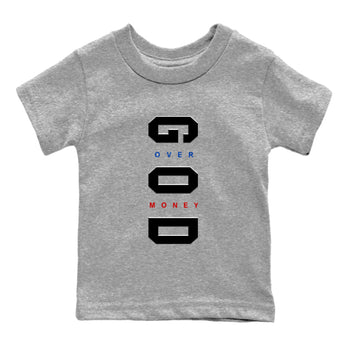 God Over Money baby and kids t-shirt crafted for little sneakerheads to shine with the Air Jordan 4 Rare Air sneakers, displayed in Heather Grey 2.