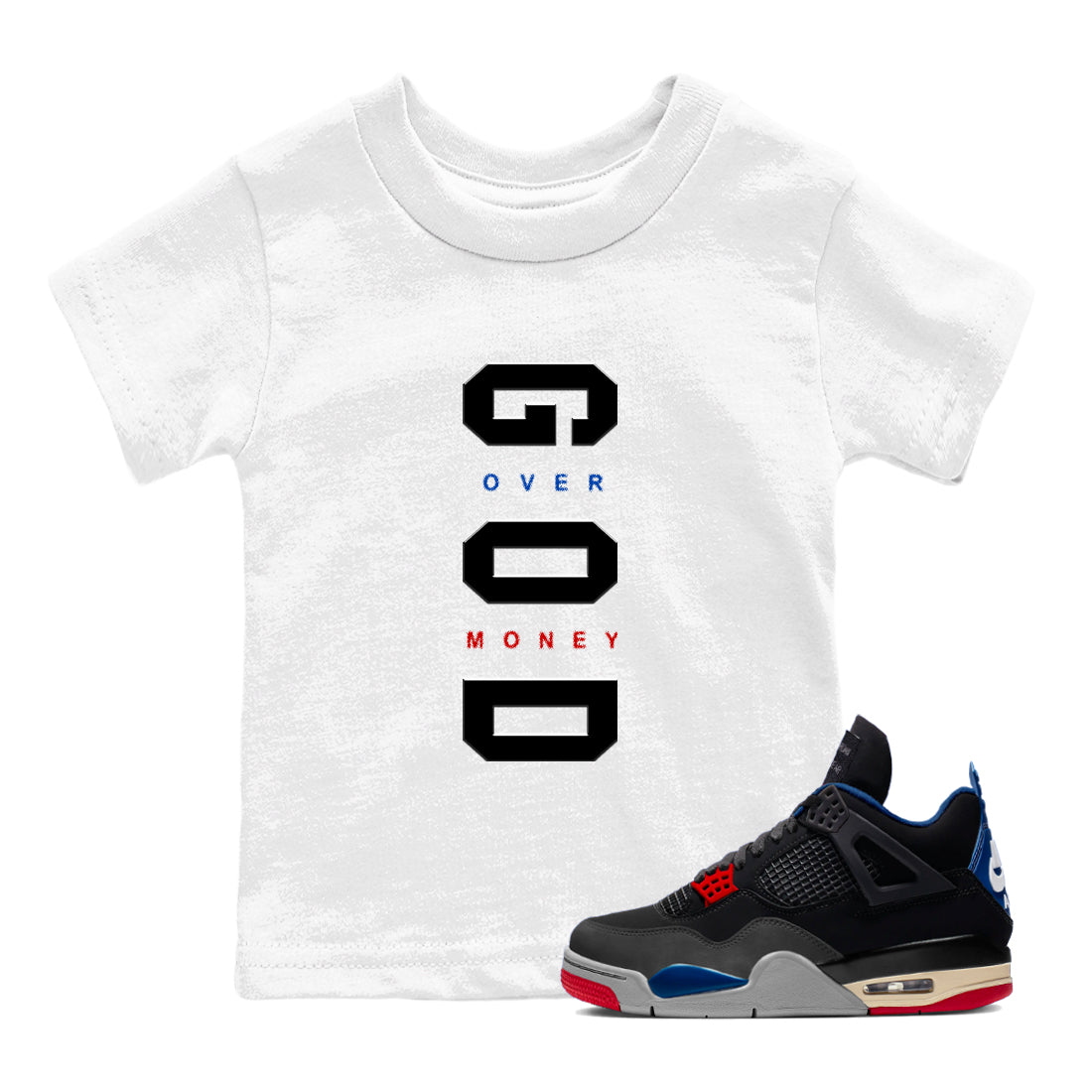 God Over Money baby and kids t-shirt crafted for little sneakerheads to shine with the Air Jordan 4 Rare Air sneakers, displayed in White 1.