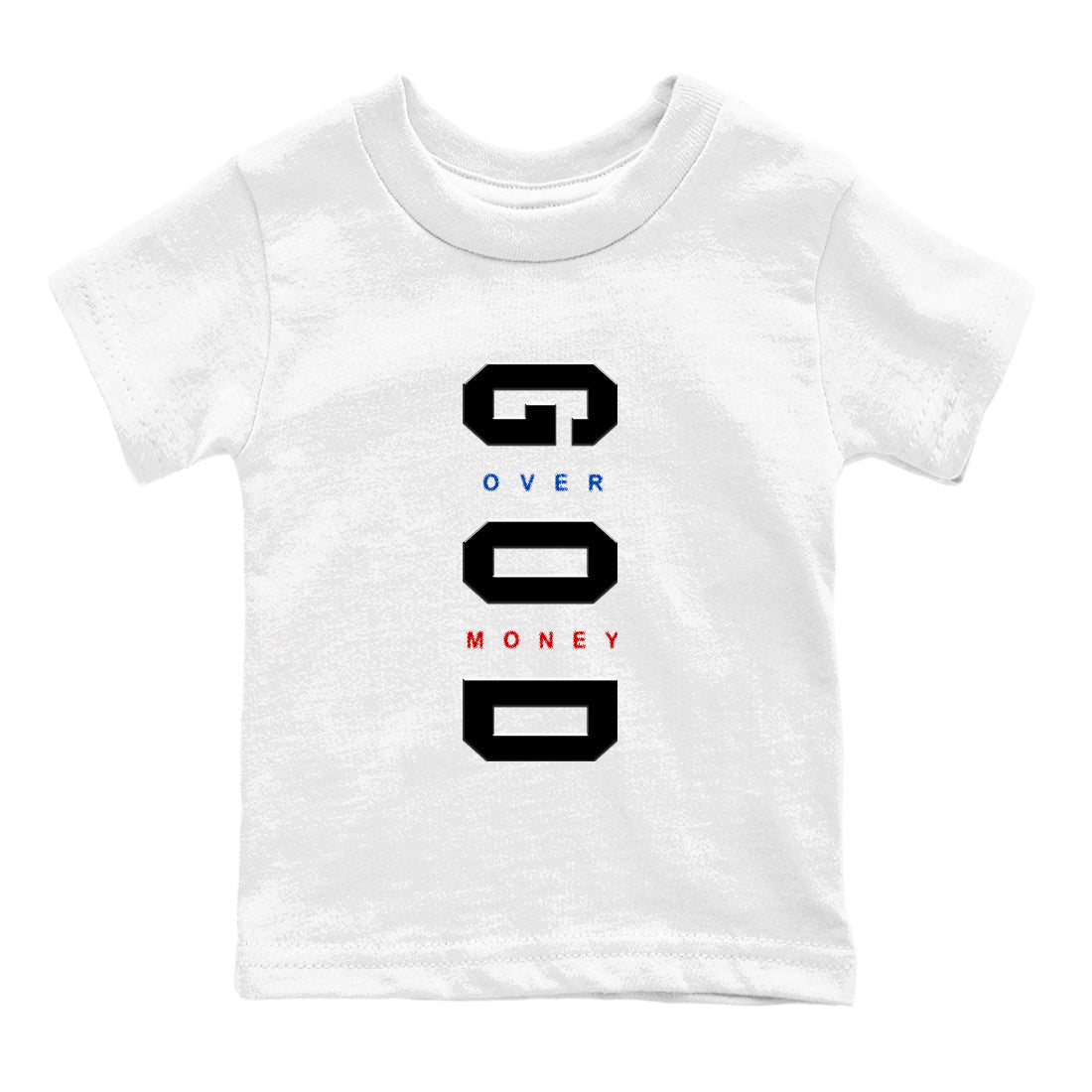 God Over Money baby and kids t-shirt crafted for little sneakerheads to shine with the Air Jordan 4 Rare Air sneakers, displayed in White 2.