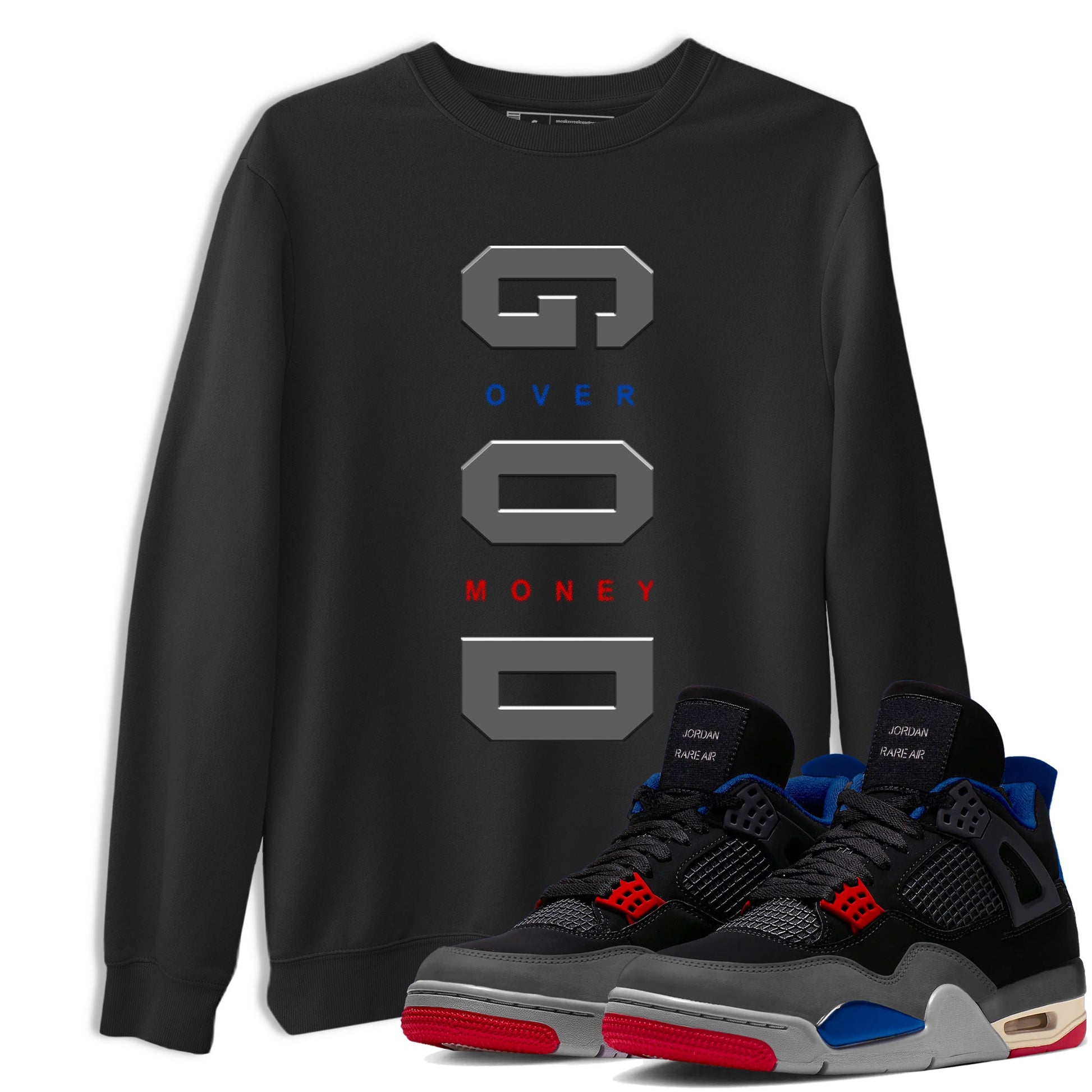 God Over Money sneaker match t-shirt styled to complete your fit with the Air Jordan 4 Rare Air sneakers, shown in Black 1.