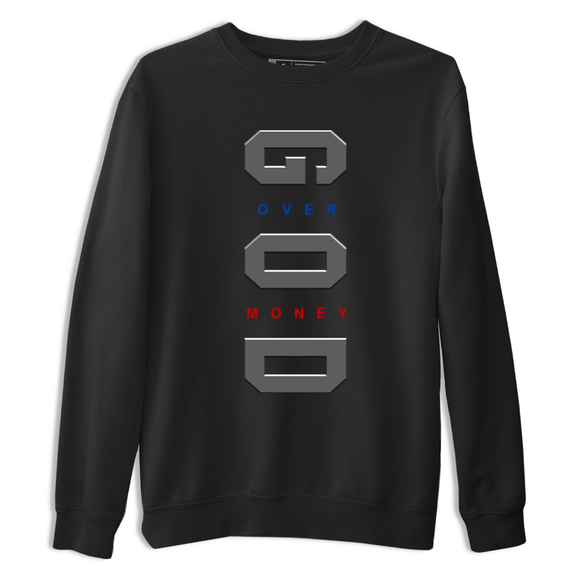 God Over Money sneaker match t-shirt styled to complete your fit with the Air Jordan 4 Rare Air sneakers, shown in Black 2.
