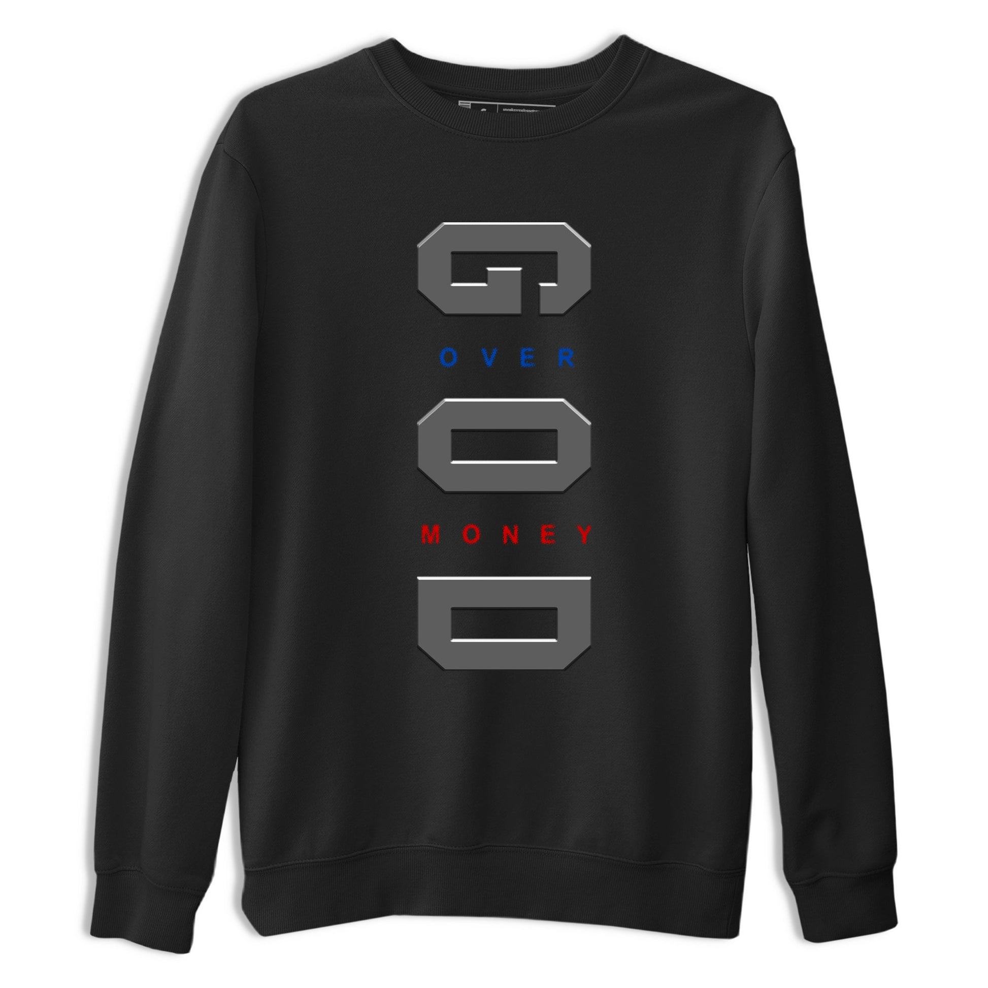 God Over Money sneaker match t-shirt styled to complete your fit with the Air Jordan 4 Rare Air sneakers, shown in Black 2.