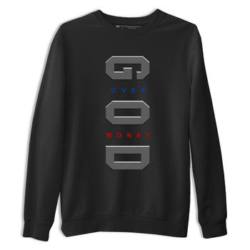 God Over Money sneaker match t-shirt styled to complete your fit with the Air Jordan 4 Rare Air sneakers, shown in Black 2.