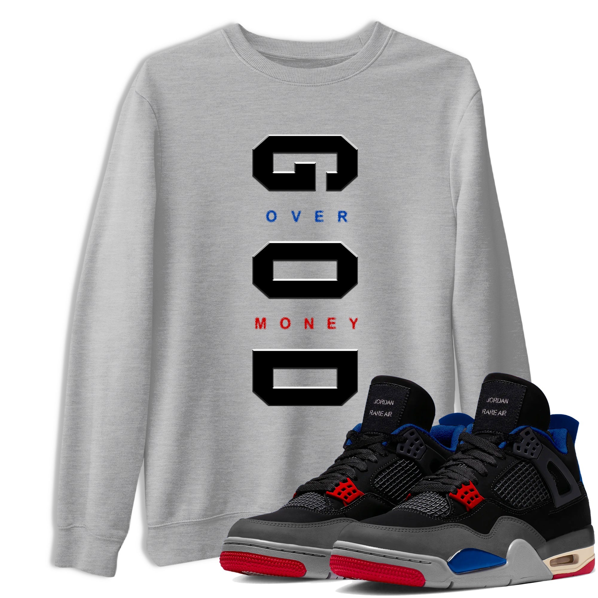 God Over Money sneaker match t-shirt styled to complete your fit with the Air Jordan 4 Rare Air sneakers, shown in Heather Grey 1.