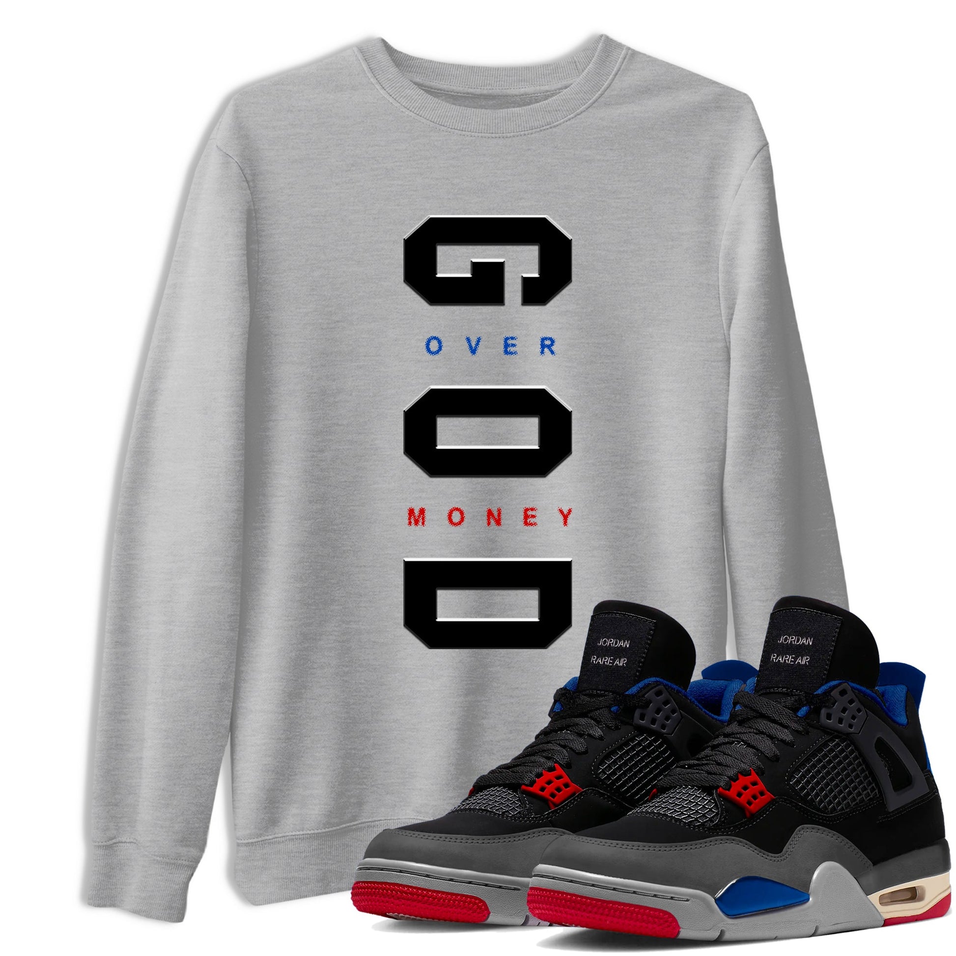 God Over Money sneaker match t-shirt styled to complete your fit with the Air Jordan 4 Rare Air sneakers, shown in Heather Grey 1.