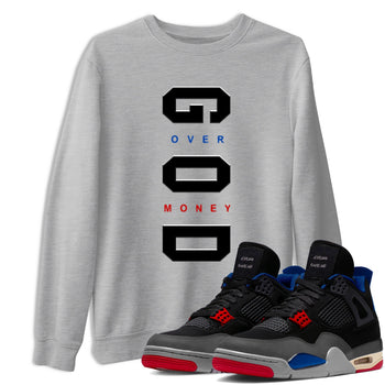 God Over Money sneaker match t-shirt styled to complete your fit with the Air Jordan 4 Rare Air sneakers, shown in Heather Grey 1.
