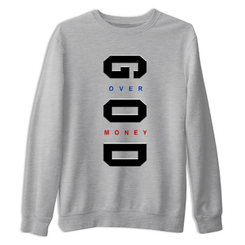 God Over Money sneaker match t-shirt styled to complete your fit with the Air Jordan 4 Rare Air sneakers, shown in Heather Grey 2.