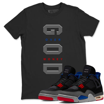 God Over Money sneaker match t-shirt styled to complete your fit with the Air Jordan 4 Rare Air sneakers, shown in Black 1.