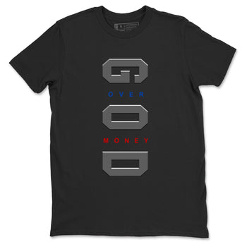 God Over Money sneaker match t-shirt styled to complete your fit with the Air Jordan 4 Rare Air sneakers, shown in Black 2.