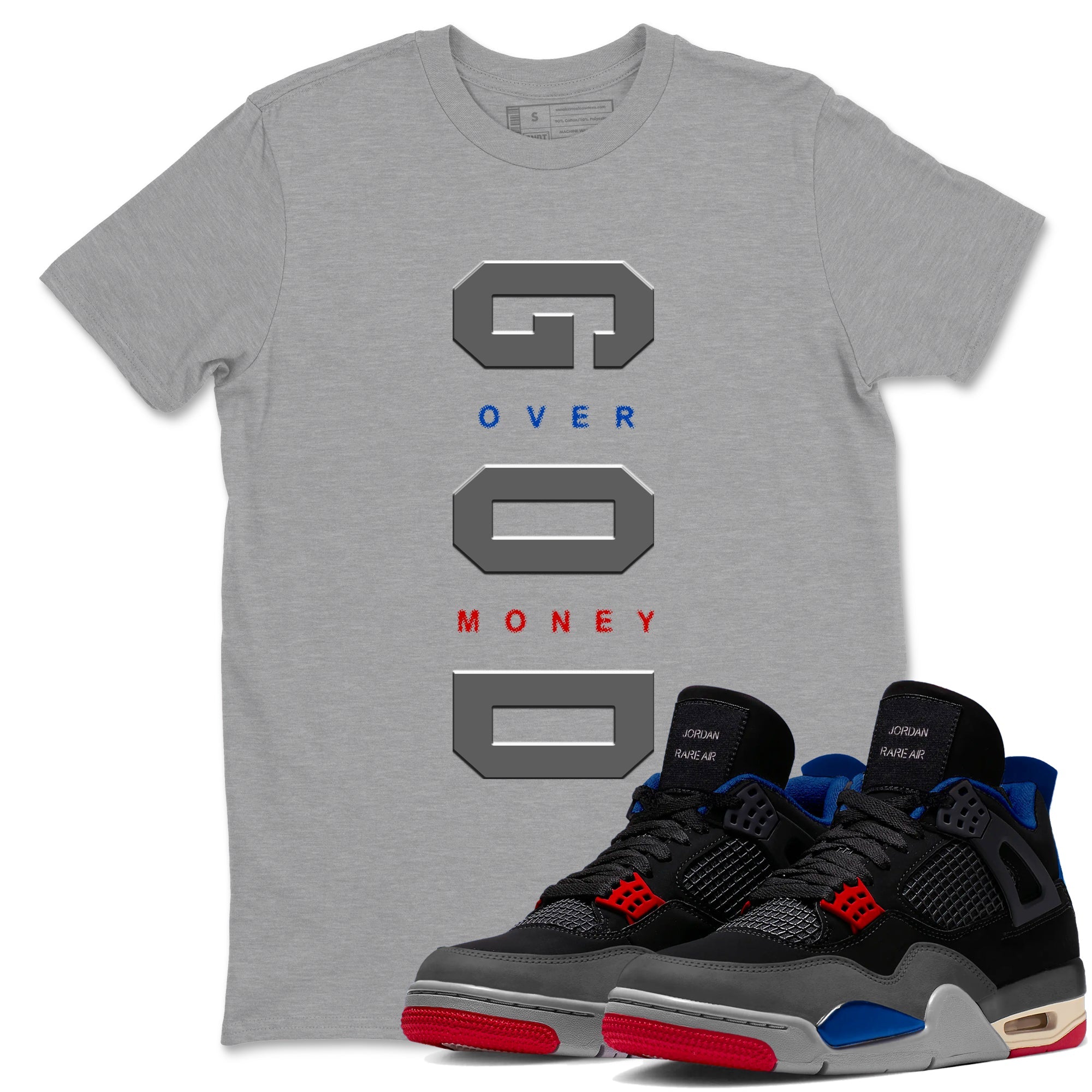 God Over Money sneaker match t-shirt styled to complete your fit with the Air Jordan 4 Rare Air sneakers, shown in Heather Grey 1.