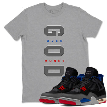 God Over Money sneaker match t-shirt styled to complete your fit with the Air Jordan 4 Rare Air sneakers, shown in Heather Grey 1.