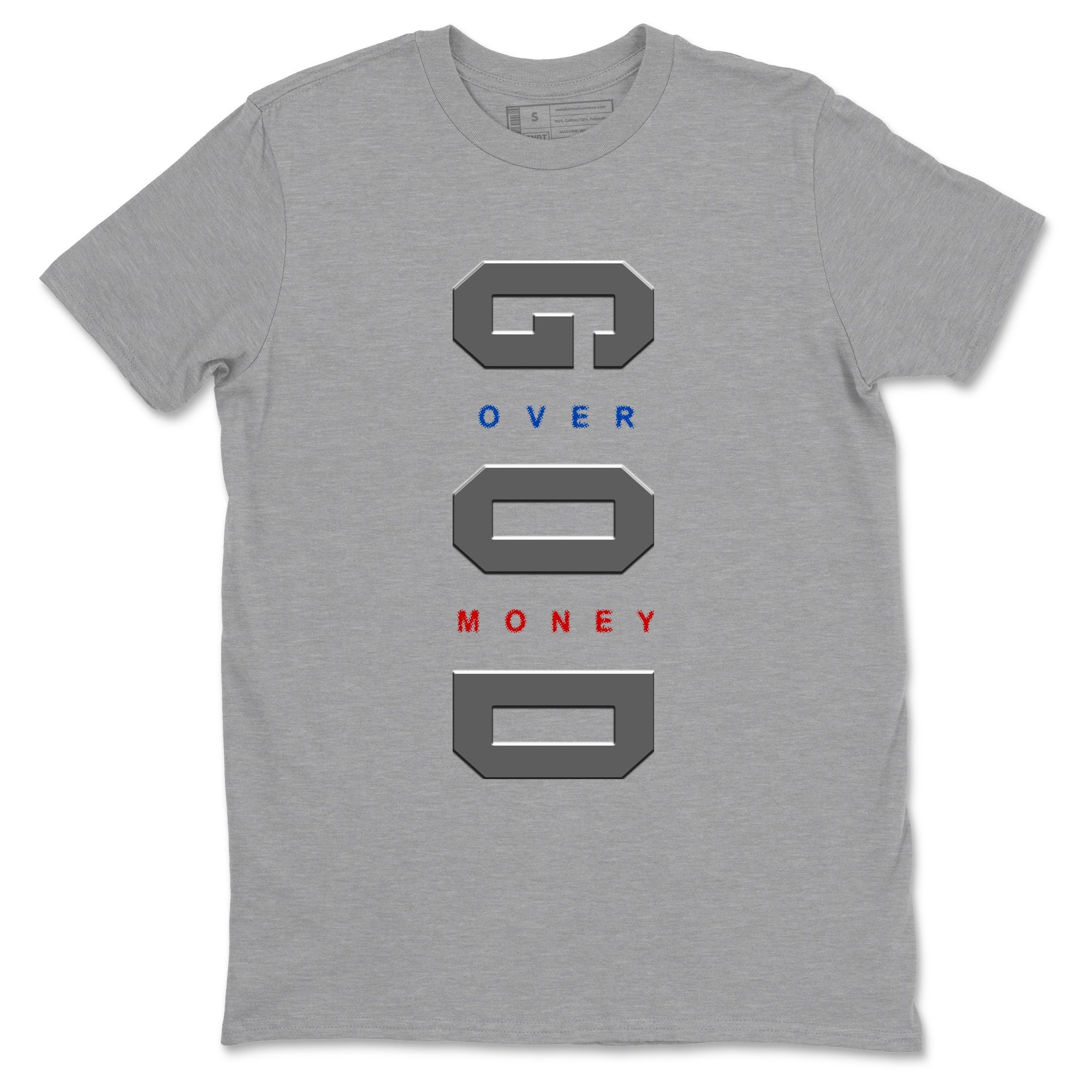 God Over Money sneaker match t-shirt styled to complete your fit with the Air Jordan 4 Rare Air sneakers, shown in Heather Grey 2.