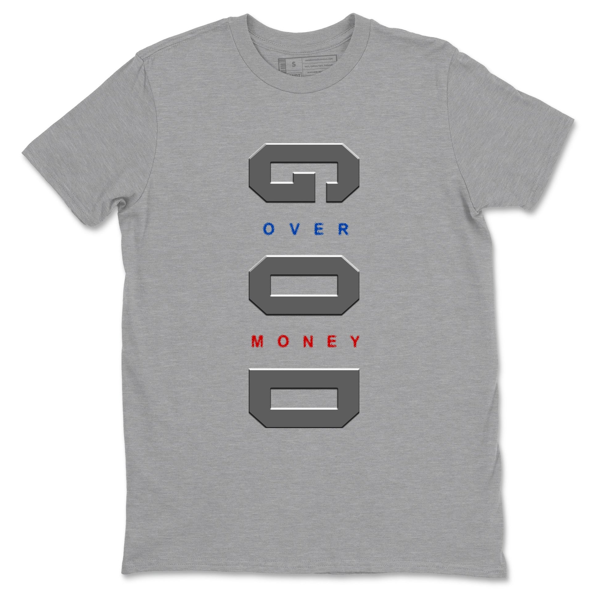 God Over Money sneaker match t-shirt styled to complete your fit with the Air Jordan 4 Rare Air sneakers, shown in Heather Grey 2.