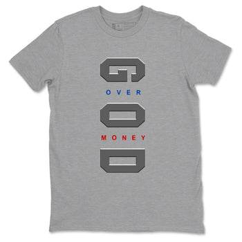 God Over Money sneaker match t-shirt styled to complete your fit with the Air Jordan 4 Rare Air sneakers, shown in Heather Grey 2.