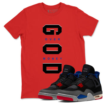 God Over Money sneaker match t-shirt styled to complete your fit with the Air Jordan 4 Rare Air sneakers, shown in Red 1.