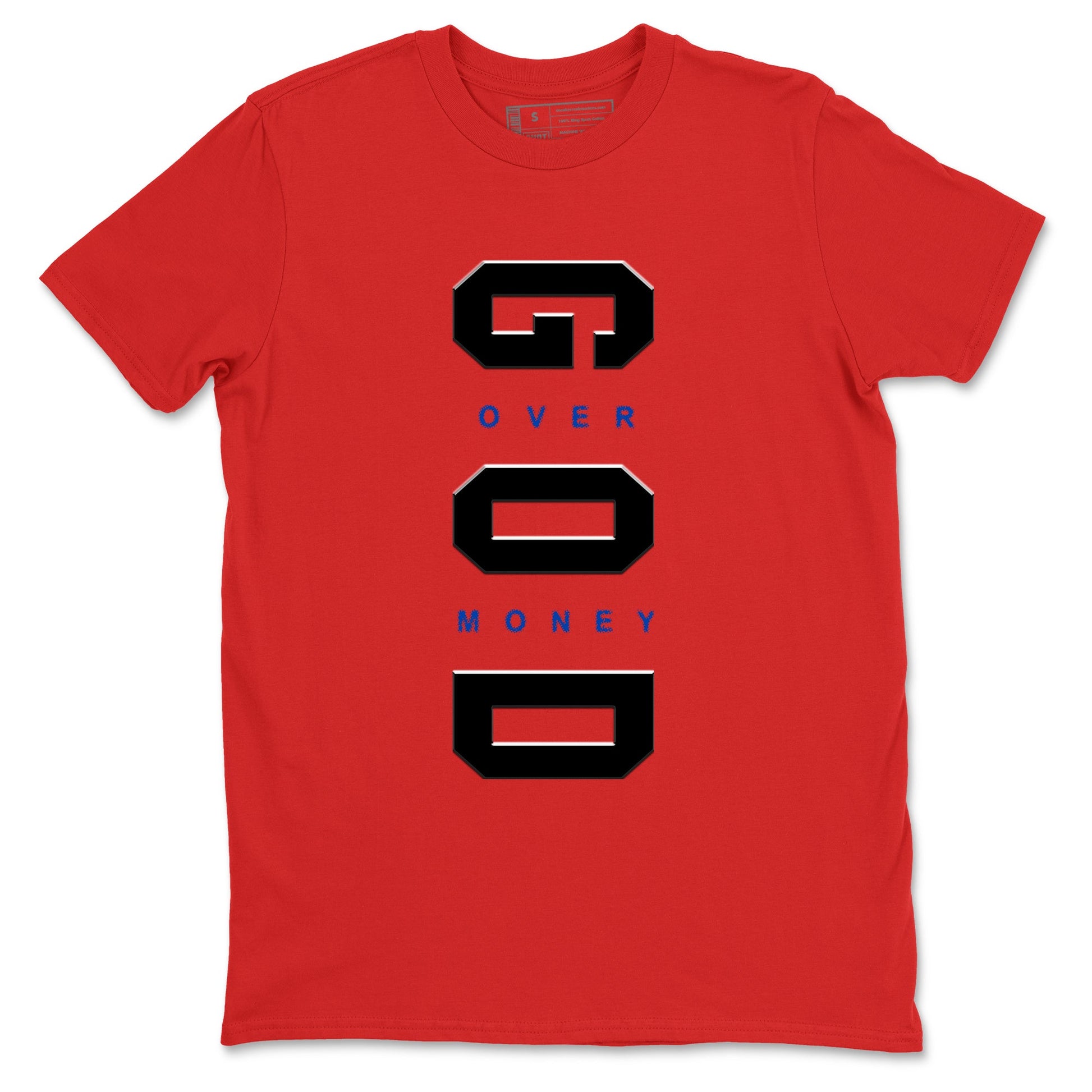 God Over Money sneaker match t-shirt styled to complete your fit with the Air Jordan 4 Rare Air sneakers, shown in Red 2.