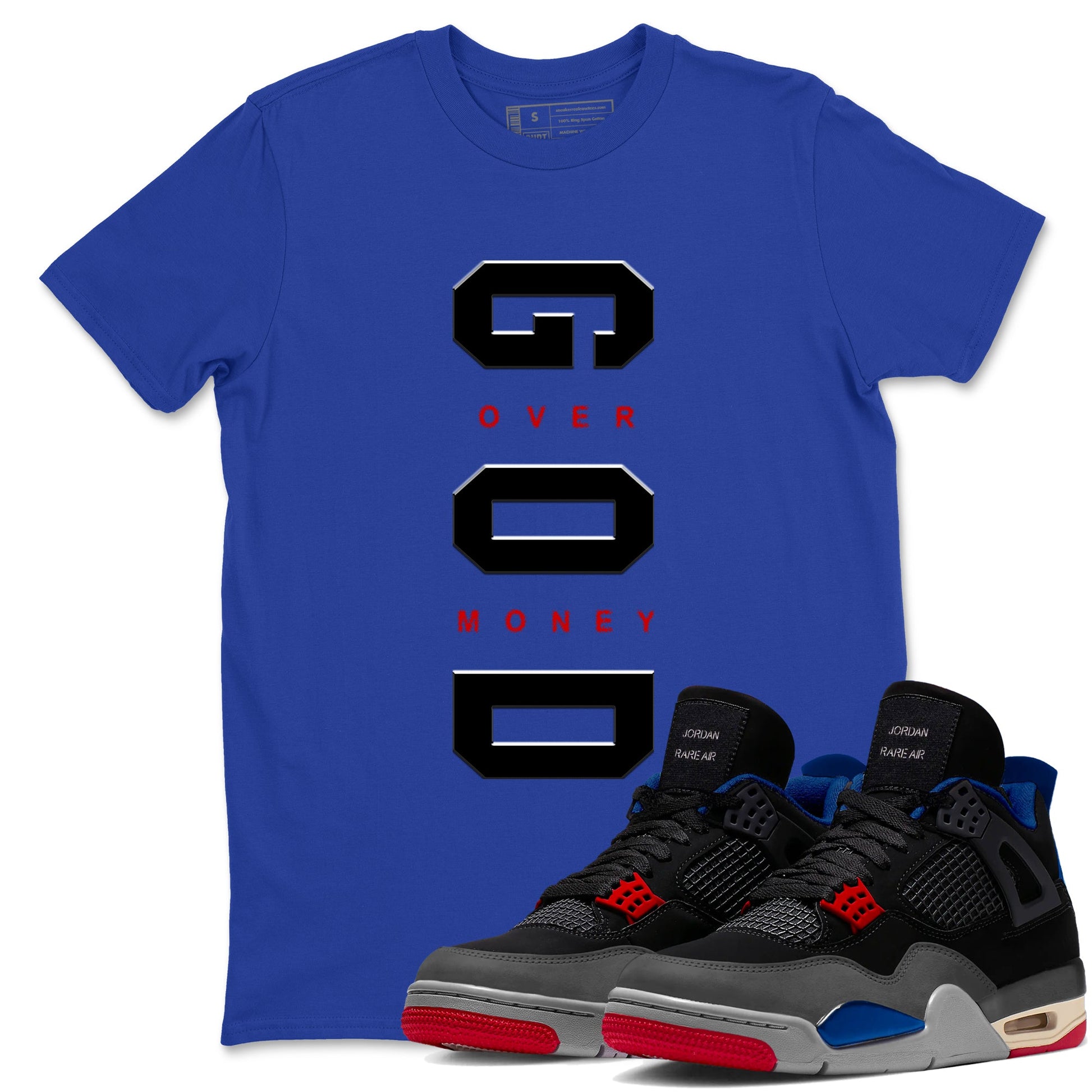 God Over Money sneaker match t-shirt styled to complete your fit with the Air Jordan 4 Rare Air sneakers, shown in Royal Blue 1.