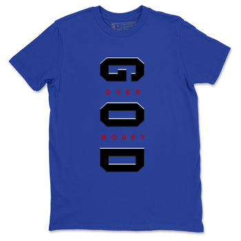 God Over Money sneaker match t-shirt styled to complete your fit with the Air Jordan 4 Rare Air sneakers, shown in Royal Blue 2.