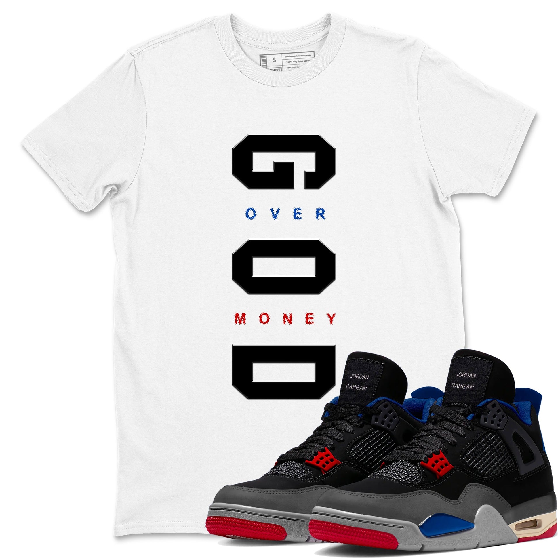 God Over Money sneaker match t-shirt styled to complete your fit with the Air Jordan 4 Rare Air sneakers, shown in White 1.