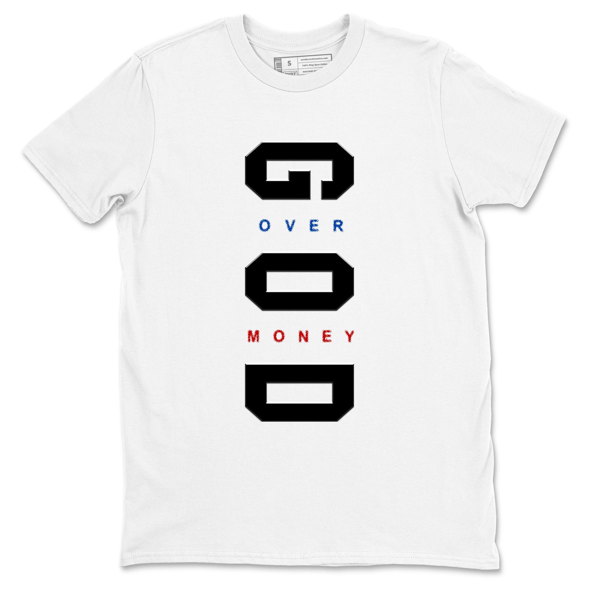 God Over Money sneaker match t-shirt styled to complete your fit with the Air Jordan 4 Rare Air sneakers, shown in White 2.