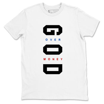 God Over Money sneaker match t-shirt styled to complete your fit with the Air Jordan 4 Rare Air sneakers, shown in White 2.
