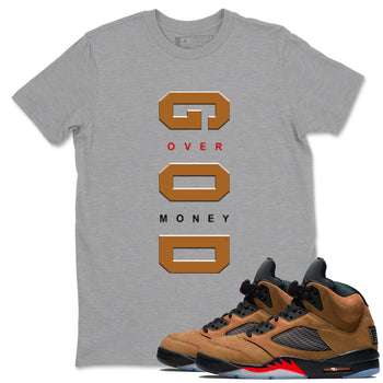 5s Archaeo Brown t shirts to match sneakers God Over Money sneaker match tees Air Jordan 5 Retro Archaeo Brown tee SNRT Sneaker Tees unisex cotton Heather Grey 1 shirts