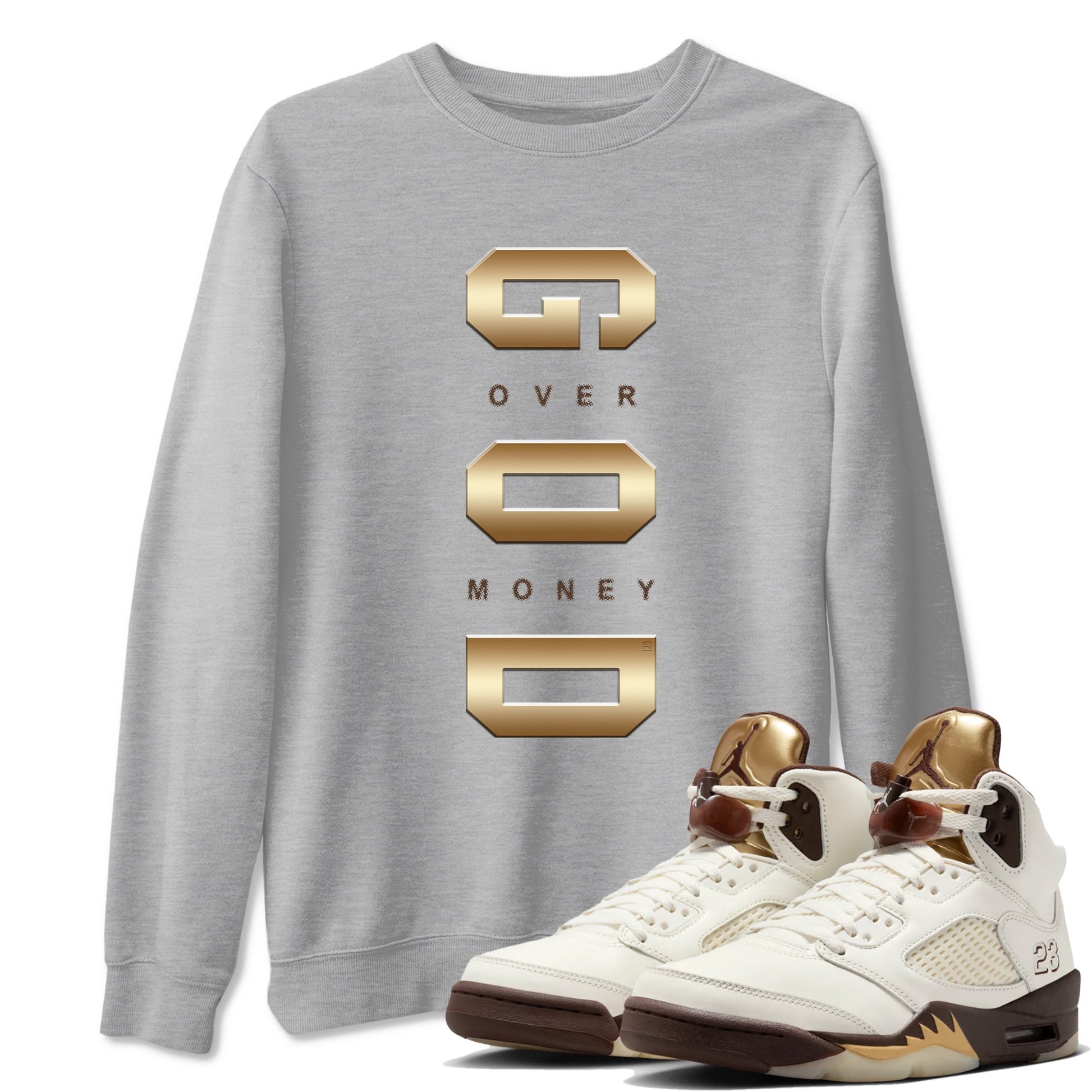 5s Golden Ticket shirts to match jordans God Over Money best t shirts to wear with jordans AJ 5 Retro Golden Ticket match shoes to clothes SNRT Sneaker Tees unisex cotton Heather Grey 1 shirts