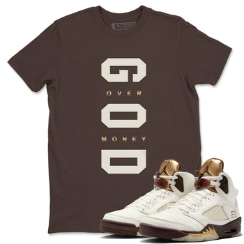 5s Golden Ticket shirts to match jordans God Over Money best t shirts to wear with jordans AJ 5 Retro Golden Ticket match shoes to clothes SNRT Sneaker Tees unisex cotton Dark Chocolate 1 shirts