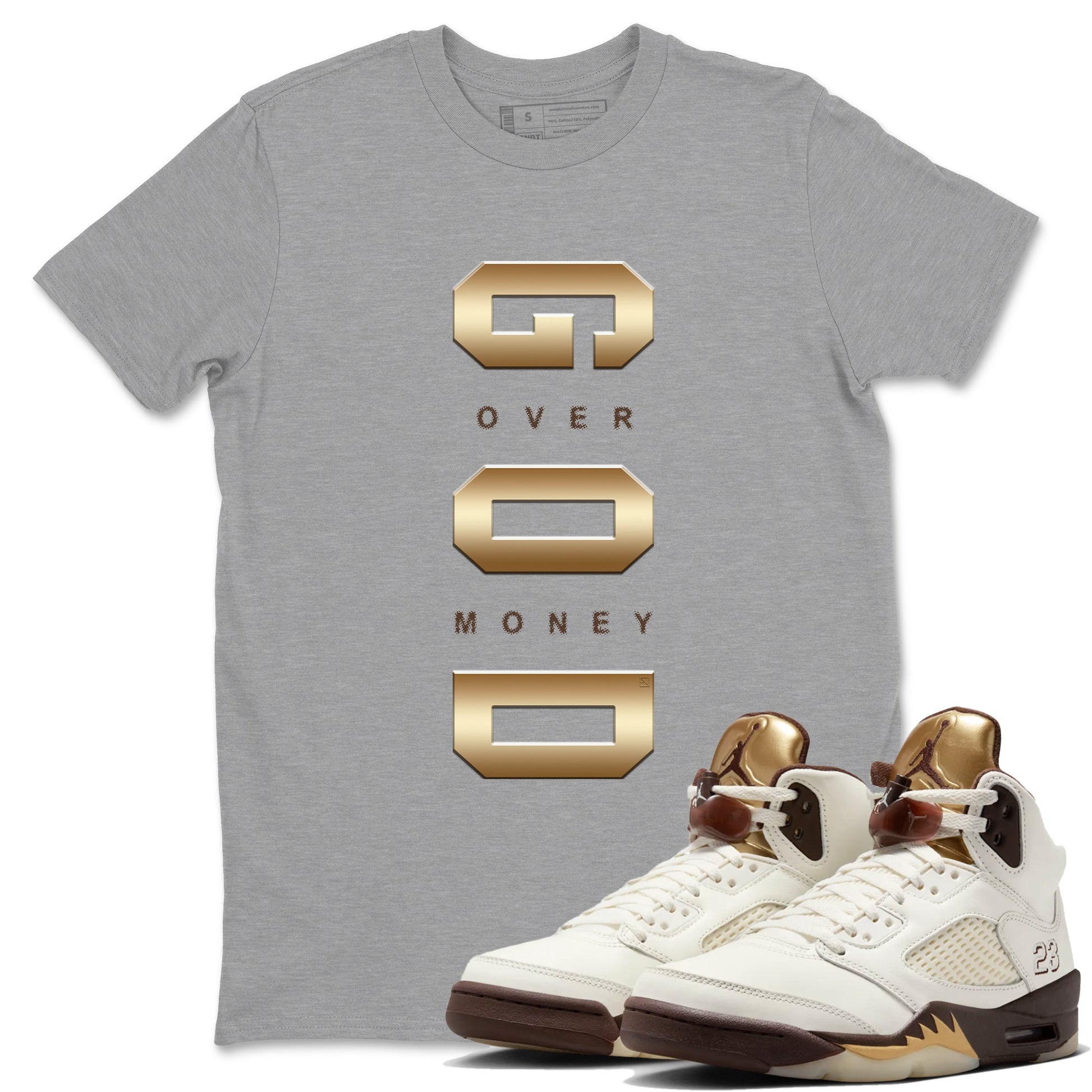 5s Golden Ticket shirts to match jordans God Over Money best t shirts to wear with jordans AJ 5 Retro Golden Ticket match shoes to clothes SNRT Sneaker Tees unisex cotton Heather Grey 1 shirts