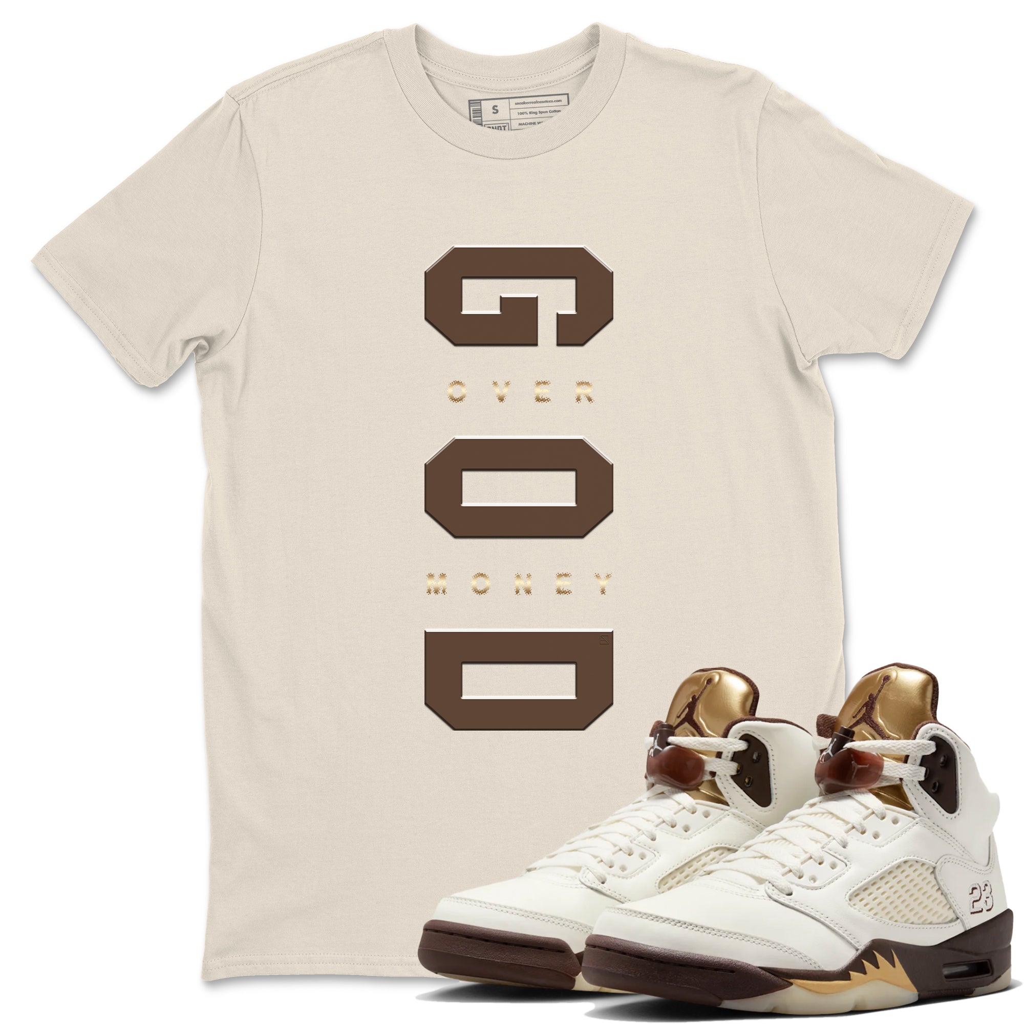 5s Golden Ticket shirts to match jordans God Over Money best t shirts to wear with jordans AJ 5 Retro Golden Ticket match shoes to clothes SNRT Sneaker Tees unisex cotton Natural 1 shirts
