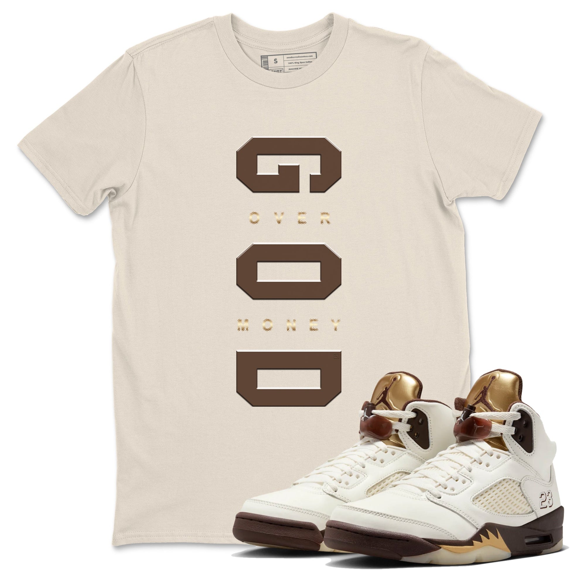 5s Golden Ticket shirts to match jordans God Over Money best t shirts to wear with jordans AJ 5 Retro Golden Ticket match shoes to clothes SNRT Sneaker Tees unisex cotton Natural 1 shirts