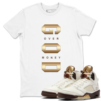 5s Golden Ticket shirts to match jordans God Over Money best t shirts to wear with jordans AJ 5 Retro Golden Ticket match shoes to clothes SNRT Sneaker Tees unisex cotton White 1 shirts