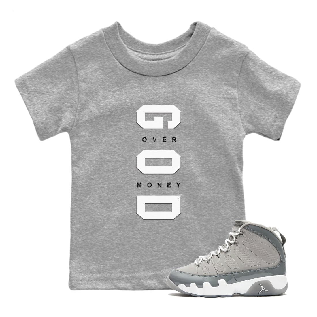 9s Cool Grey shirts to match jordans God Over Money sneaker match tees Air Jordan 9 Retro Cool Grey match shoes to clothes SNRT Sneaker Tees Youth Baby Heather Grey 1 tee