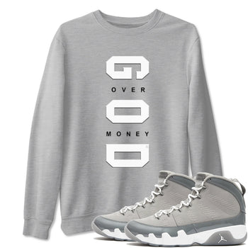 9s Cool Grey shirts to match jordans God Over Money sneaker match tees Air Jordan 9 Retro Cool Grey match shoes to clothes SNRT Sneaker Tees unisex cotton Heather Grey 1 shirts
