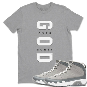 9s Cool Grey shirts to match jordans God Over Money sneaker match tees Air Jordan 9 Retro Cool Grey match shoes to clothes SNRT Sneaker Tees unisex cotton Heather Grey 1 shirts