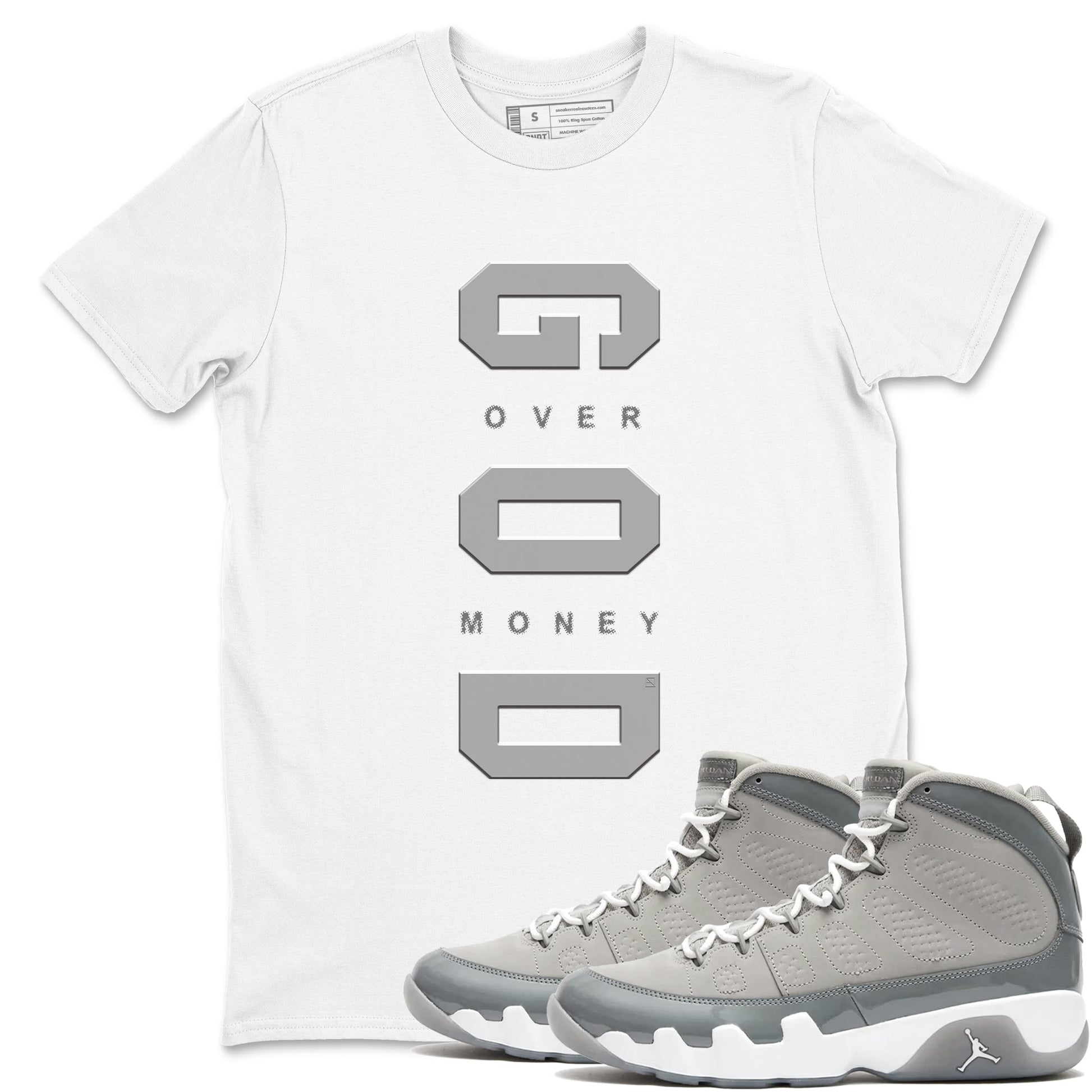9s Cool Grey shirts to match jordans God Over Money sneaker match tees Air Jordan 9 Retro Cool Grey match shoes to clothes SNRT Sneaker Tees unisex cotton White 1 shirts