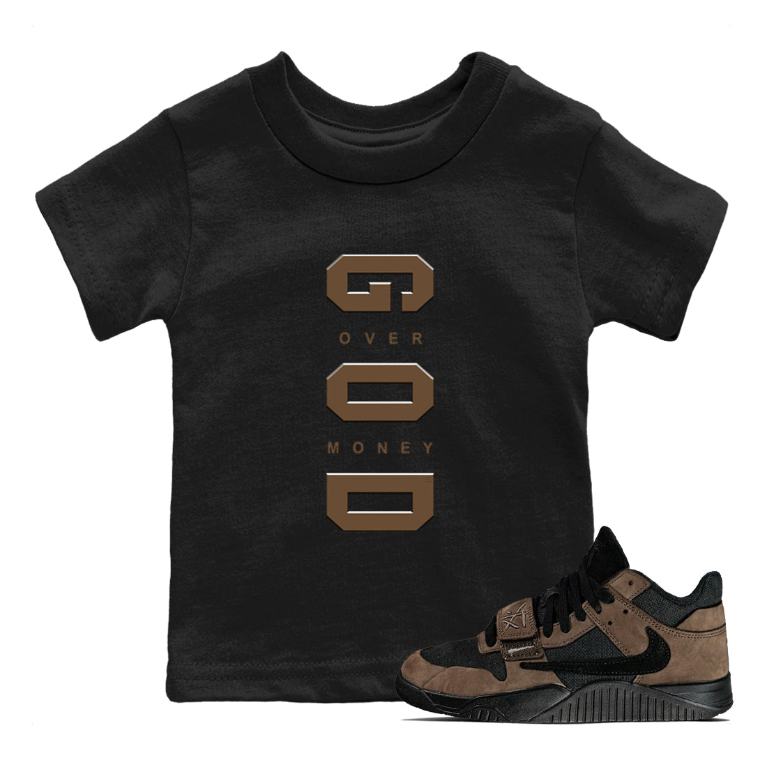 Jordan Jumpman Jack TR Travis Scott Dark Mocha shirts to match jordans God Over Money sneaker match tees Jordan Jumpman Jack Travis Scott Dark Mocha match shoes to clothes SNRT Sneaker Tees Youth Baby Black 1 tee